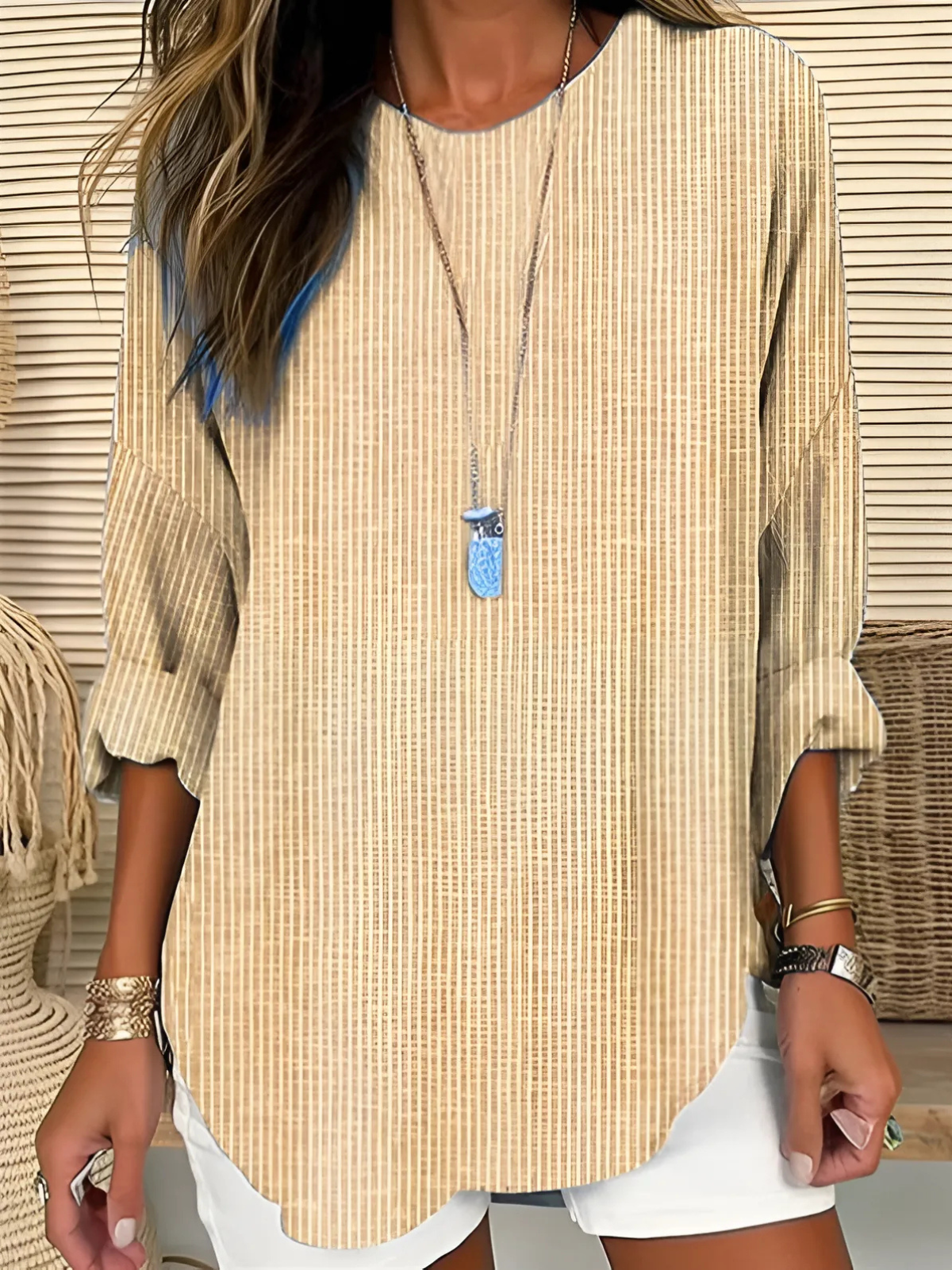 Women's Striped Blouse | Round Neck Roll-Tab Sleeves Curved Hem