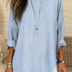 Women's Striped Blouse | Round Neck Roll-Tab Sleeves Curved Hem