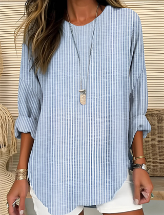 Women's Striped Blouse | Round Neck Roll-Tab Sleeves Curved Hem