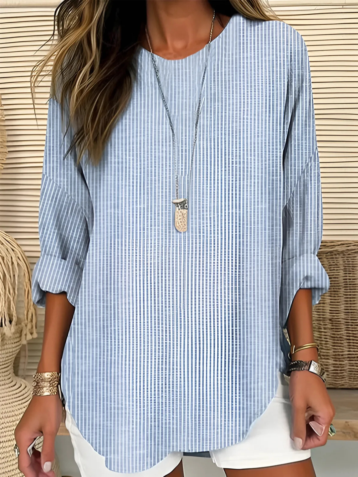 Women's Striped Blouse | Round Neck Roll-Tab Sleeves Curved Hem