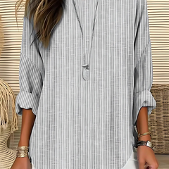 Women's Striped Blouse | Round Neck Roll-Tab Sleeves Curved Hem