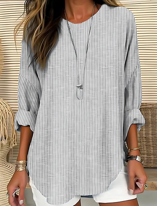 Women's Striped Blouse | Round Neck Roll-Tab Sleeves Curved Hem