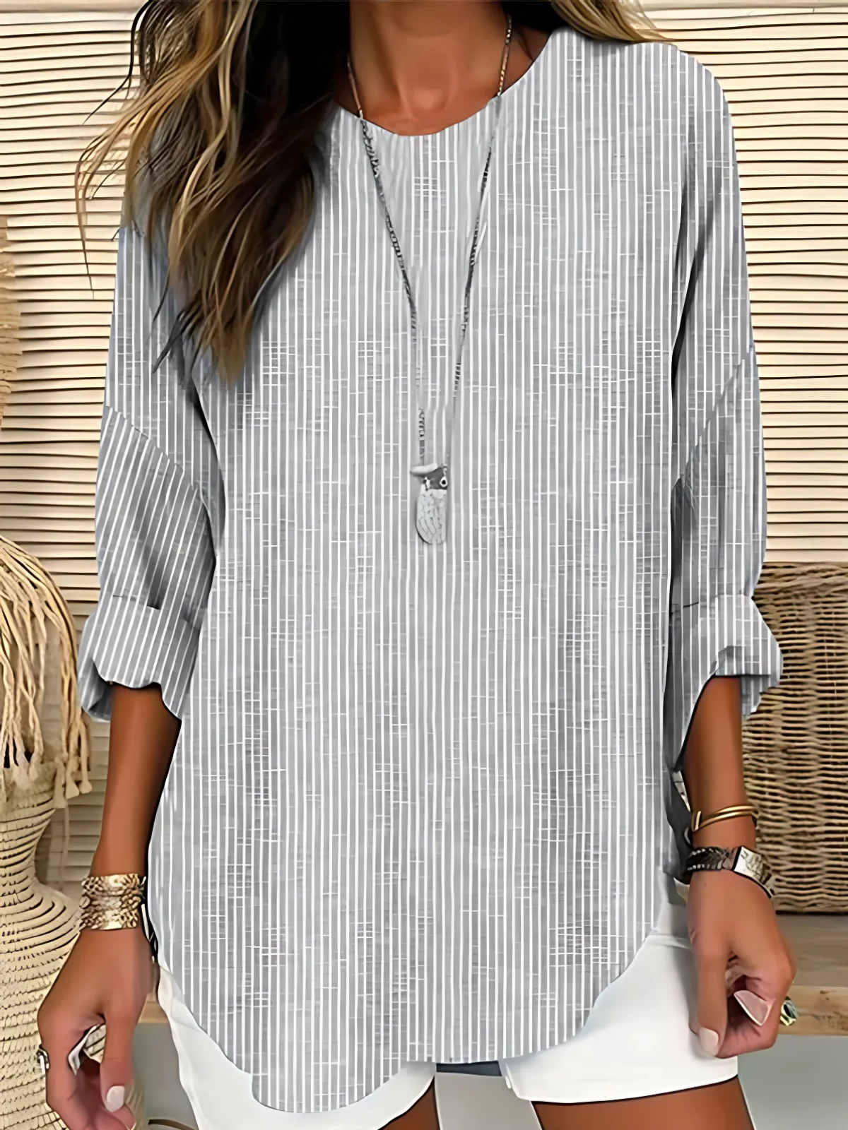 Women's Striped Blouse | Round Neck Roll-Tab Sleeves Curved Hem