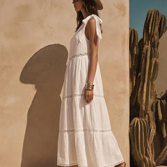 Women's Linen Maxi Dress | One-Shoulder Tie Tiered Linen