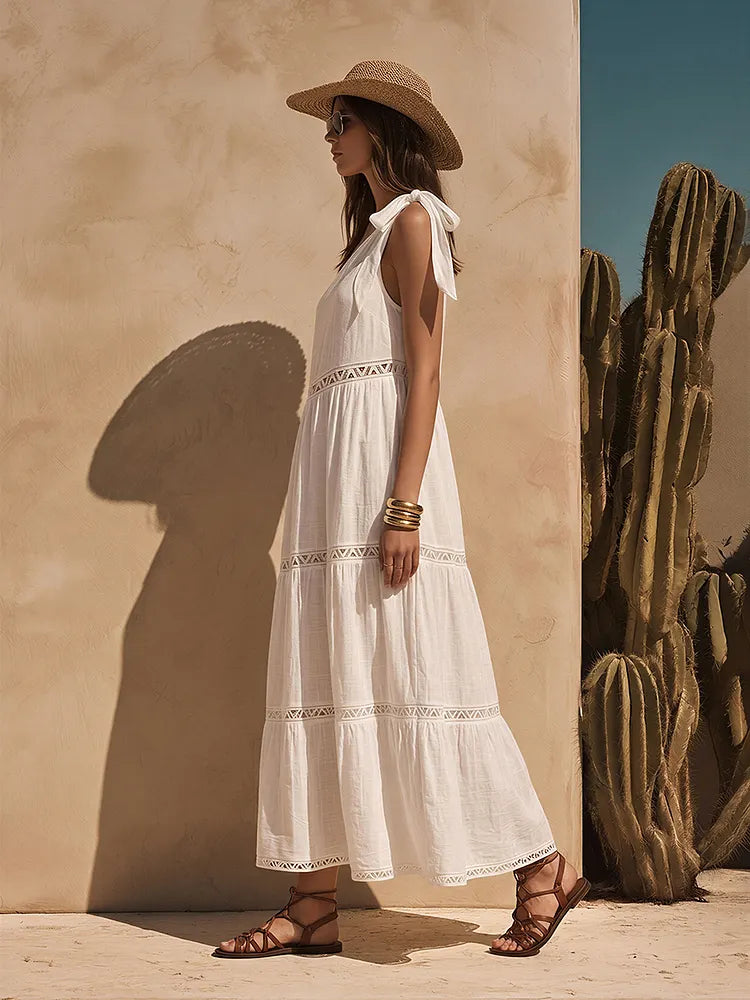 Women's Linen Maxi Dress | One-Shoulder Tie Tiered Linen