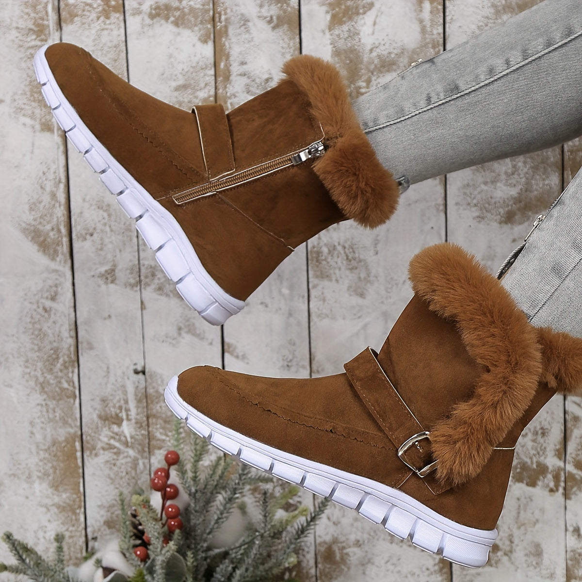 Women's Boots | Ankle Length Faux Fur Trim Buckle Closure