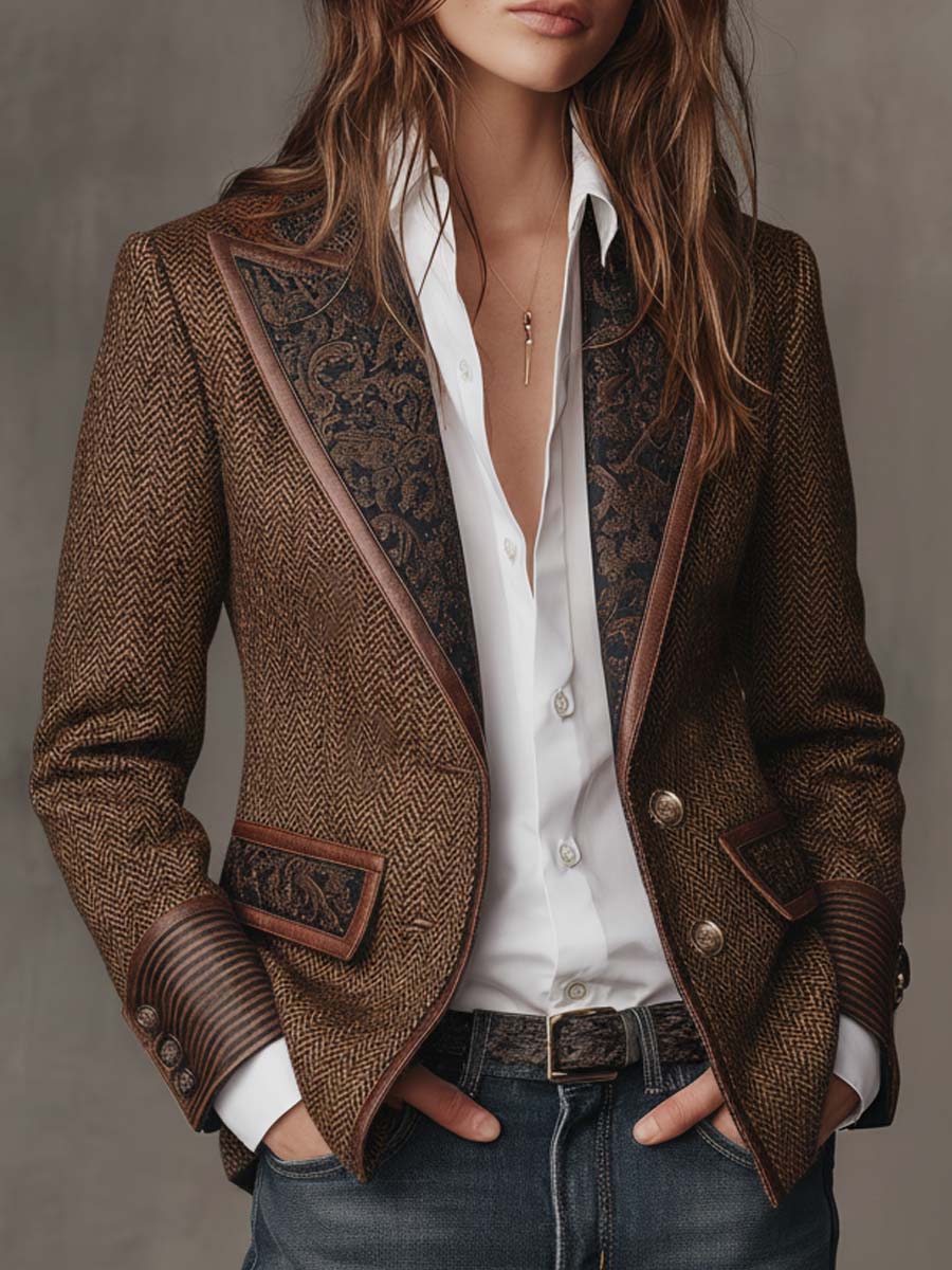 Women's Blazer | Tweed Herringbone Button Closure Tailored