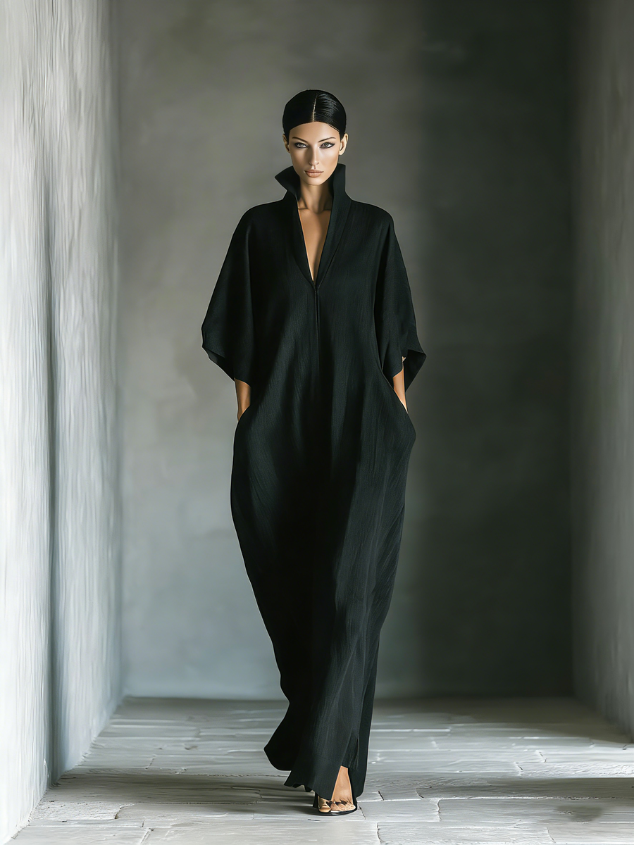Women's Black Dress For Funeral | Maxi V-Neck Kimono Sleeve Linen