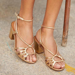 Women's Thong Heels | Open Toe Block Heel Braided Straps
