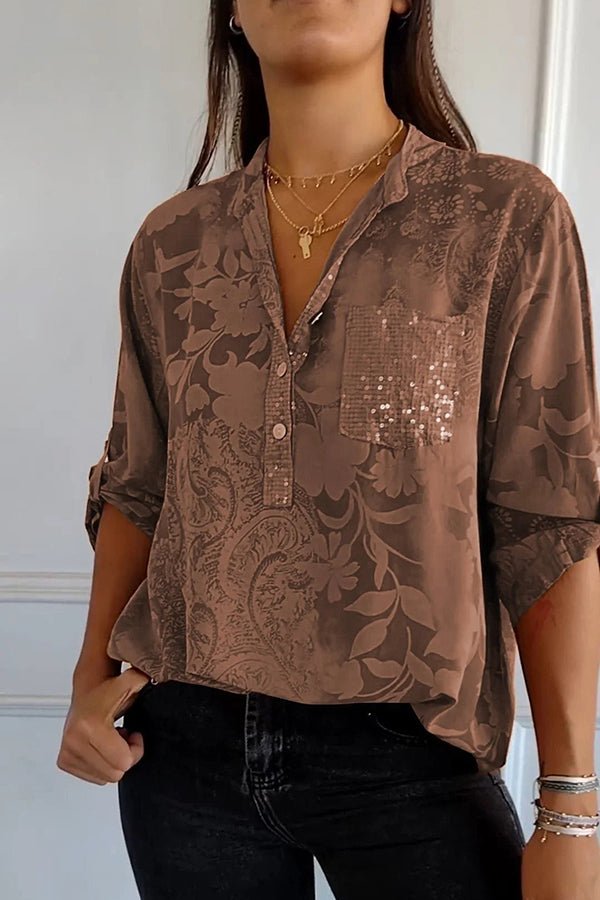 Women's Sequin Top | Lapel Neckline Three-Quarter Sleeve Loose Fit