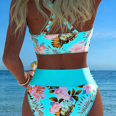 Women's High Waisted Bikini | Wrap V-Neck Floral Print Cut-Out
