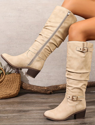 Women's Slouch Boots | Knee High Block Heel Buckle