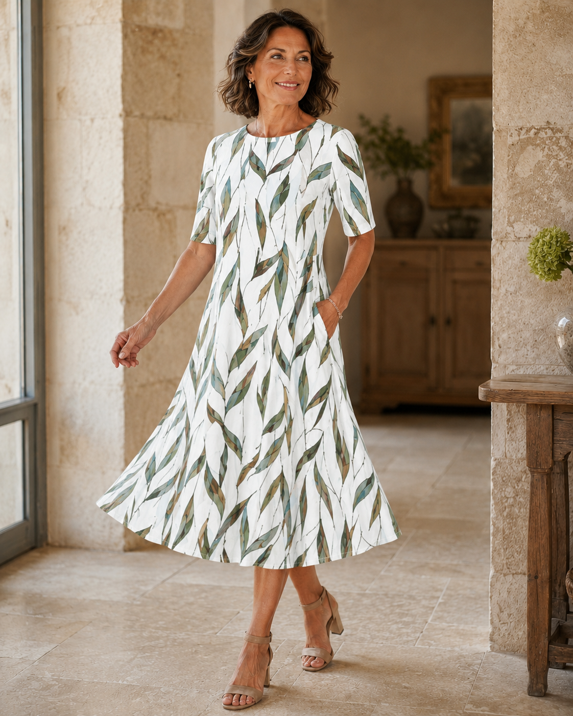 Women's Floral Midi Dress | Midi Length Round Neck Half Sleeve