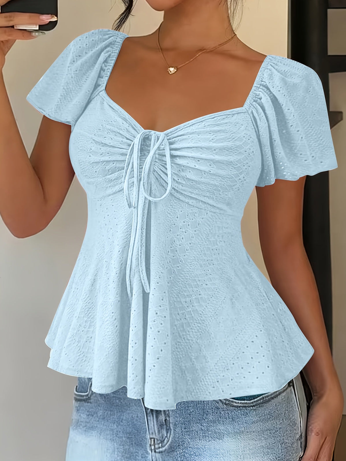 Women's Peplum Top | Sweetheart Neckline Flutter Sleeve Tie Closure