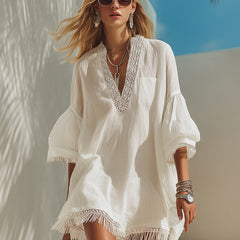 Women's Mini Dress | V-Neck Puff Sleeve Lace Tassel