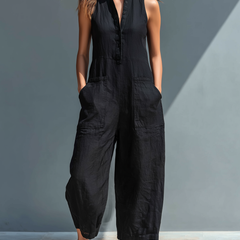 Women's Playsuit | Stand Collar Button Front Sleeveless Linen