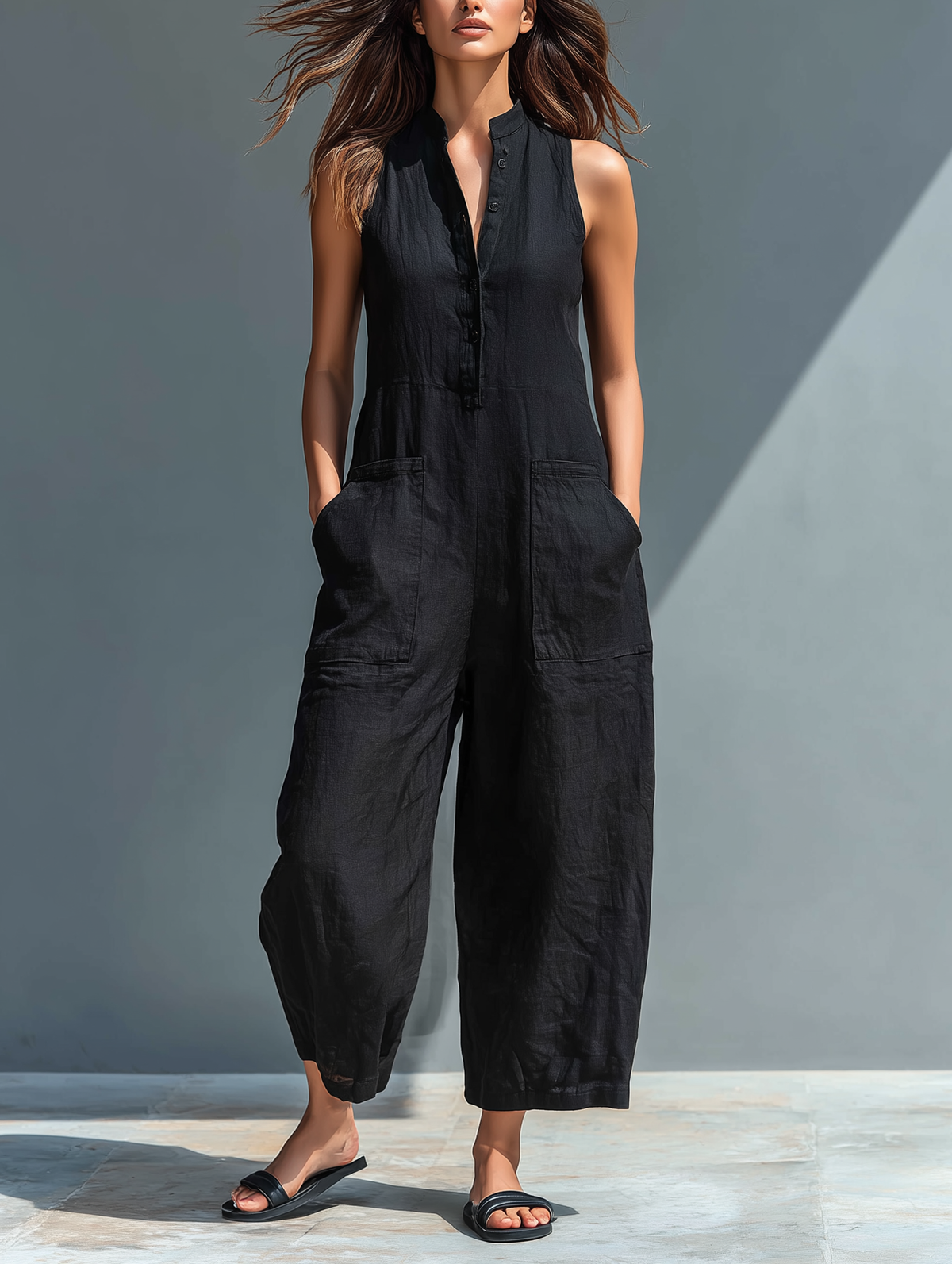 Women's Playsuit | Stand Collar Button Front Sleeveless Linen
