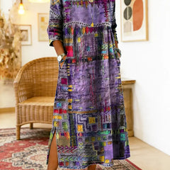 Women's Denim Dress | Midi Length Round Neckline Patchwork Print