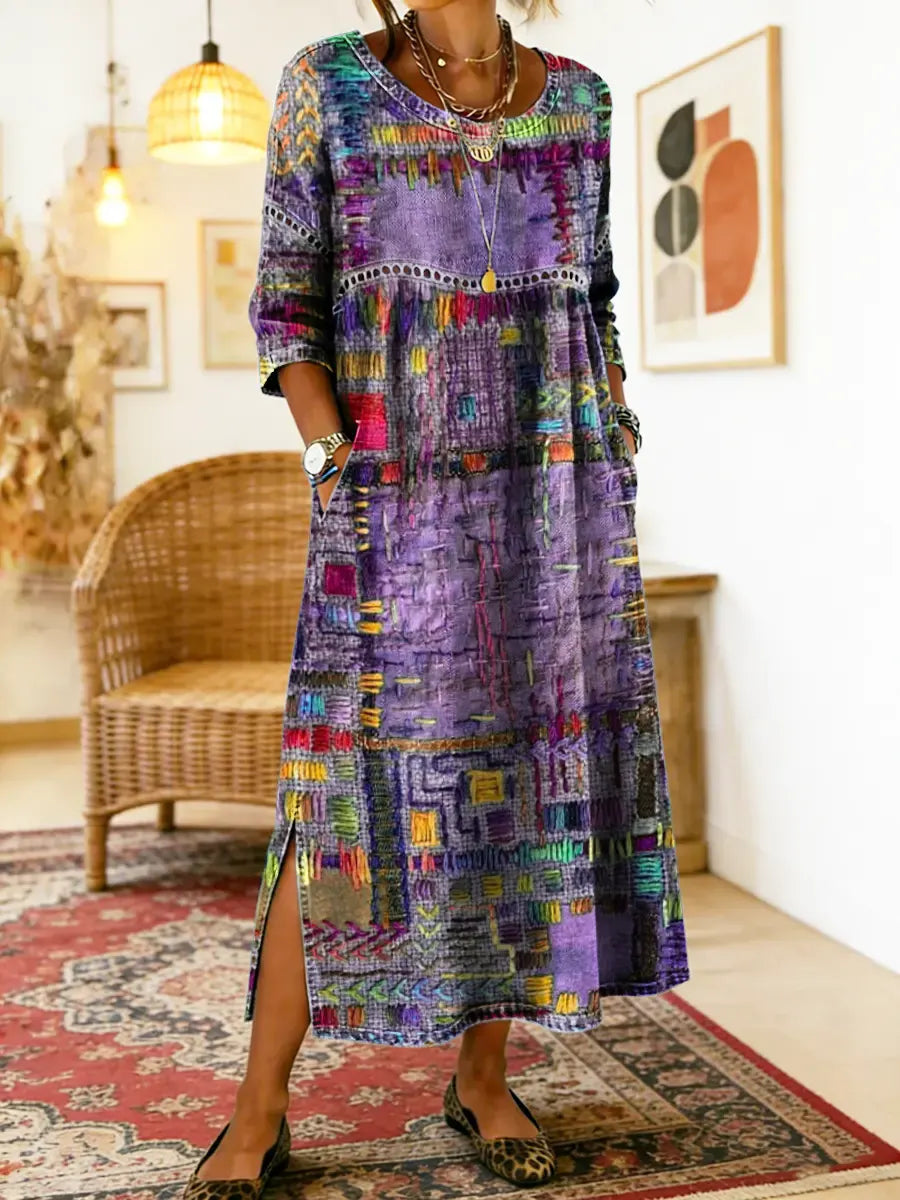 Women's Denim Dress | Midi Length Round Neckline Patchwork Print