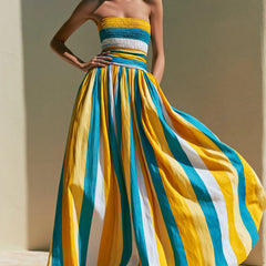 Women's Strapless Maxi Dress | Midi Length Striped Smocked Bodice