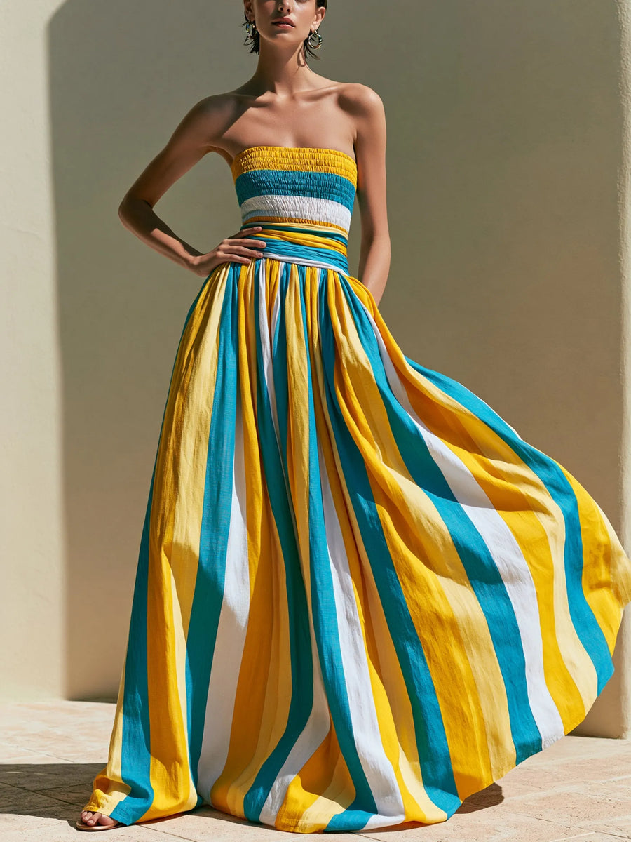 Women's Strapless Maxi Dress | Midi Length Striped Smocked Bodice