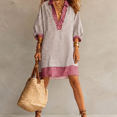 Women's Summer Dress | Midi Collar Puffed Sleeves Leopard Trim