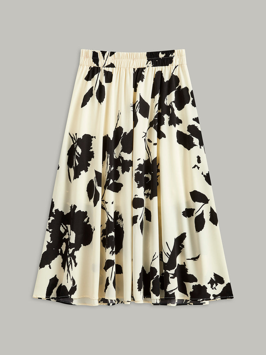 Women's Midi Skirt | A-Line Flared Satin Floral Print