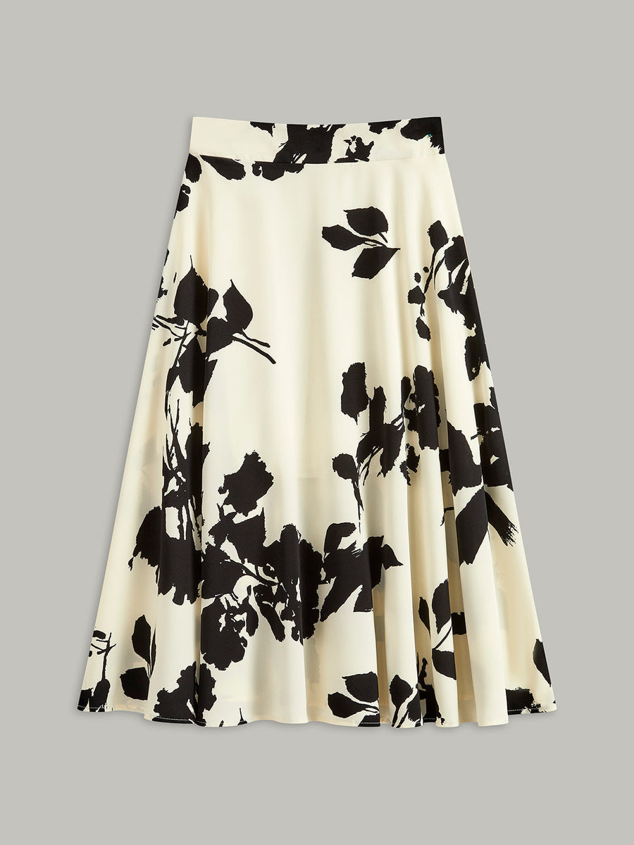 Women's Midi Skirt | A-Line Flared Satin Floral Print