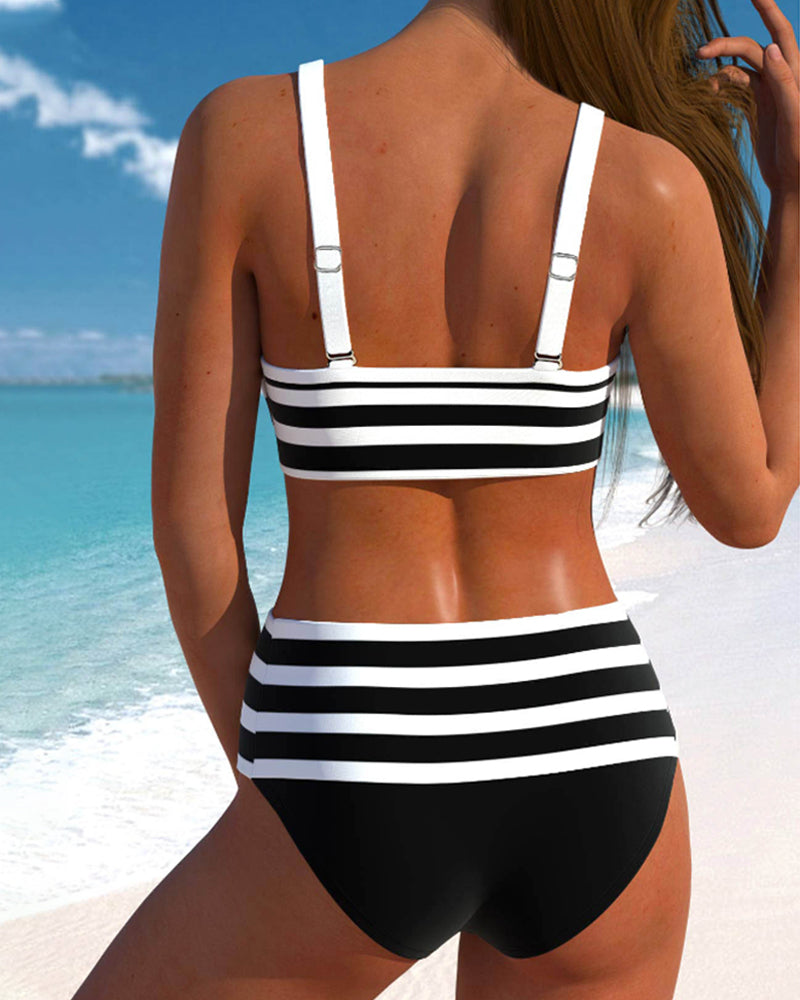 Women's High Waisted Bikini | Striped V-Neck Tie Front