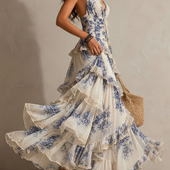 Women's Halterneck Dress | Maxi Ruffled Floral Tie Closure