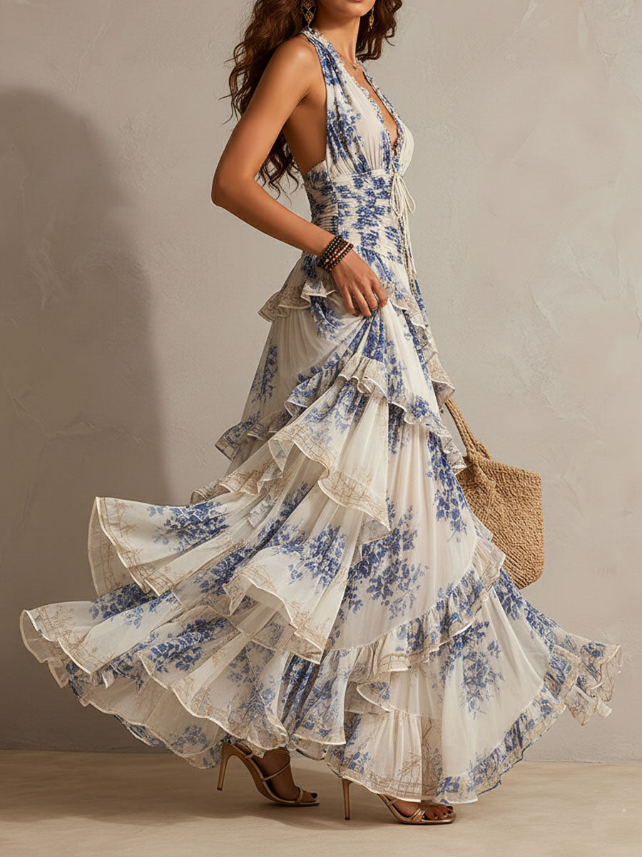 Women's Halterneck Dress | Maxi Ruffled Floral Tie Closure