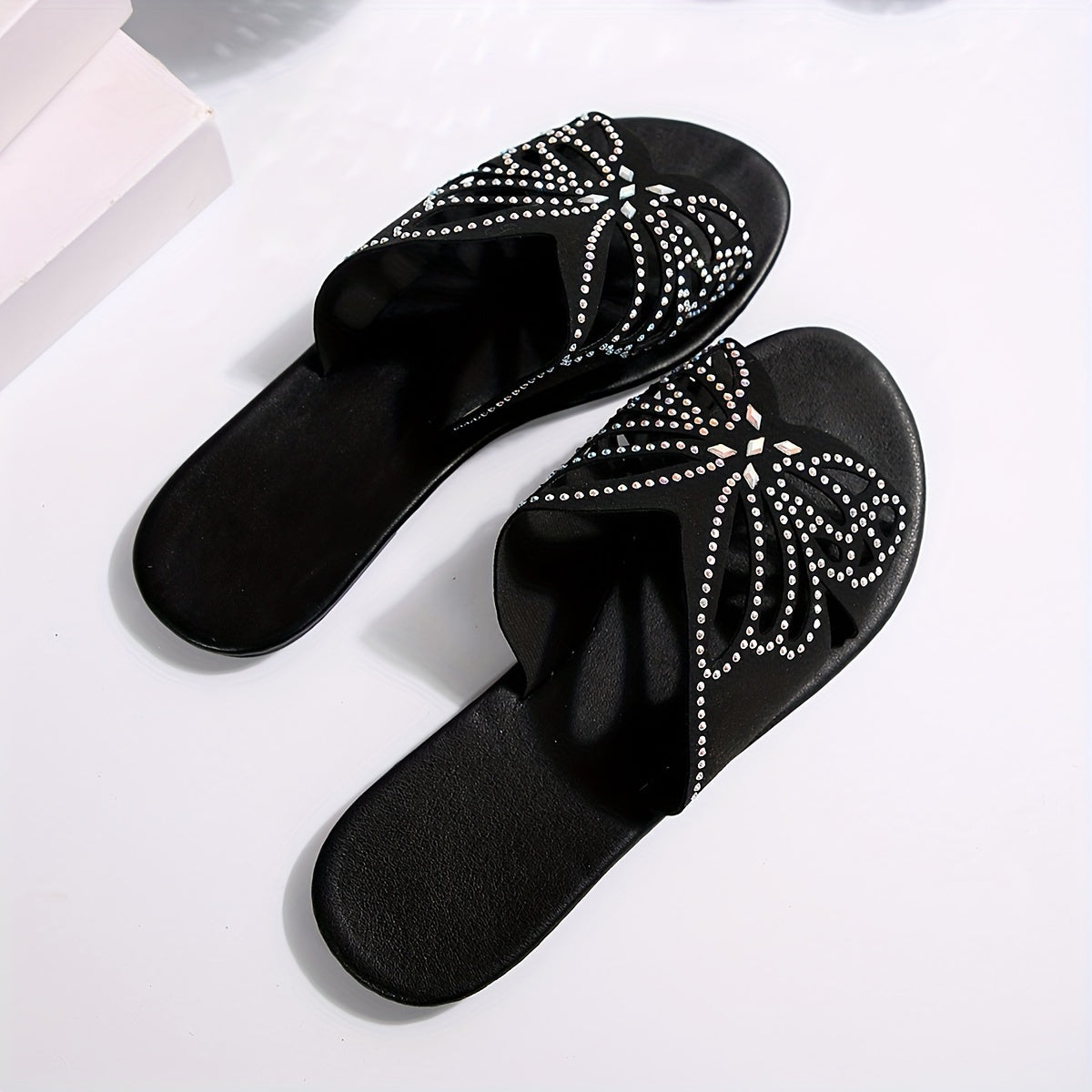 Women's Black Sandals | Butterfly Cutout Rhinestone Detail Slide Flat