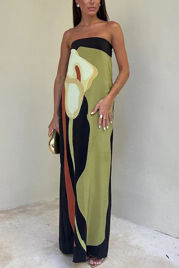 Women's Summer Dress | Strapless Maxi Abstract Floral Sleeveless
