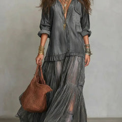 Women's Casual Maxi Dress | Lapel Collar Long Sleeve Denim Organza