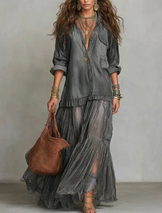 Women's Casual Maxi Dress | Lapel Collar Long Sleeve Denim Organza