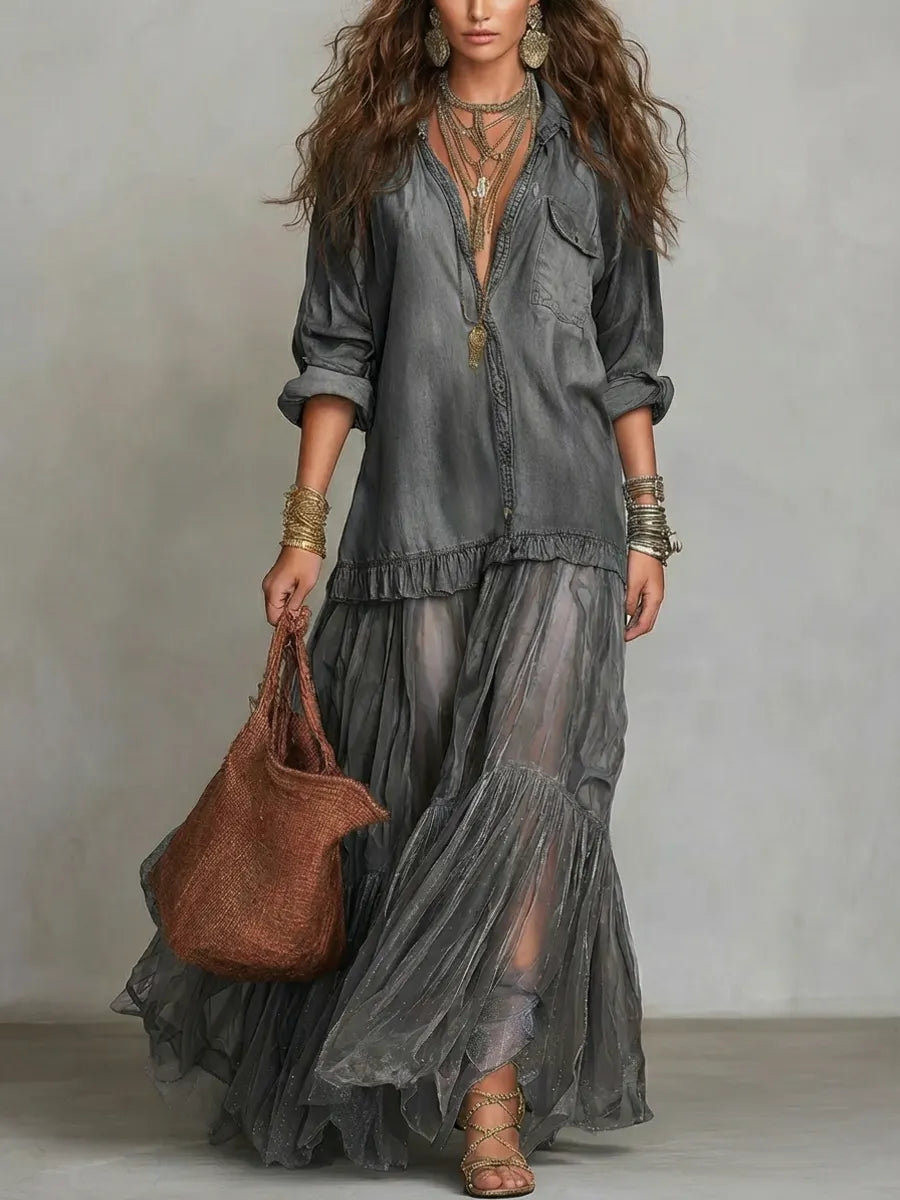 Women's Casual Maxi Dress | Lapel Collar Long Sleeve Denim Organza