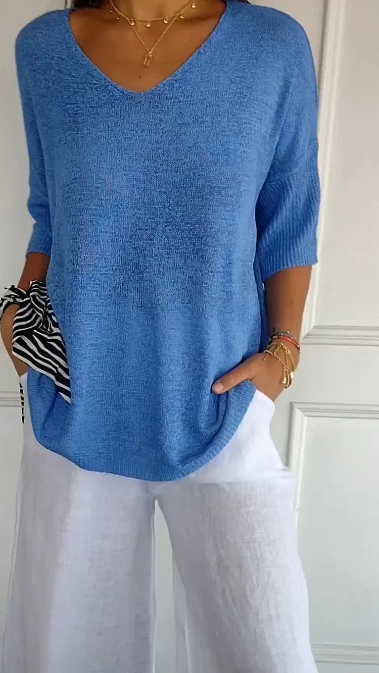Women's Red Top | V-Neck Knit Three-Quarter Sleeve