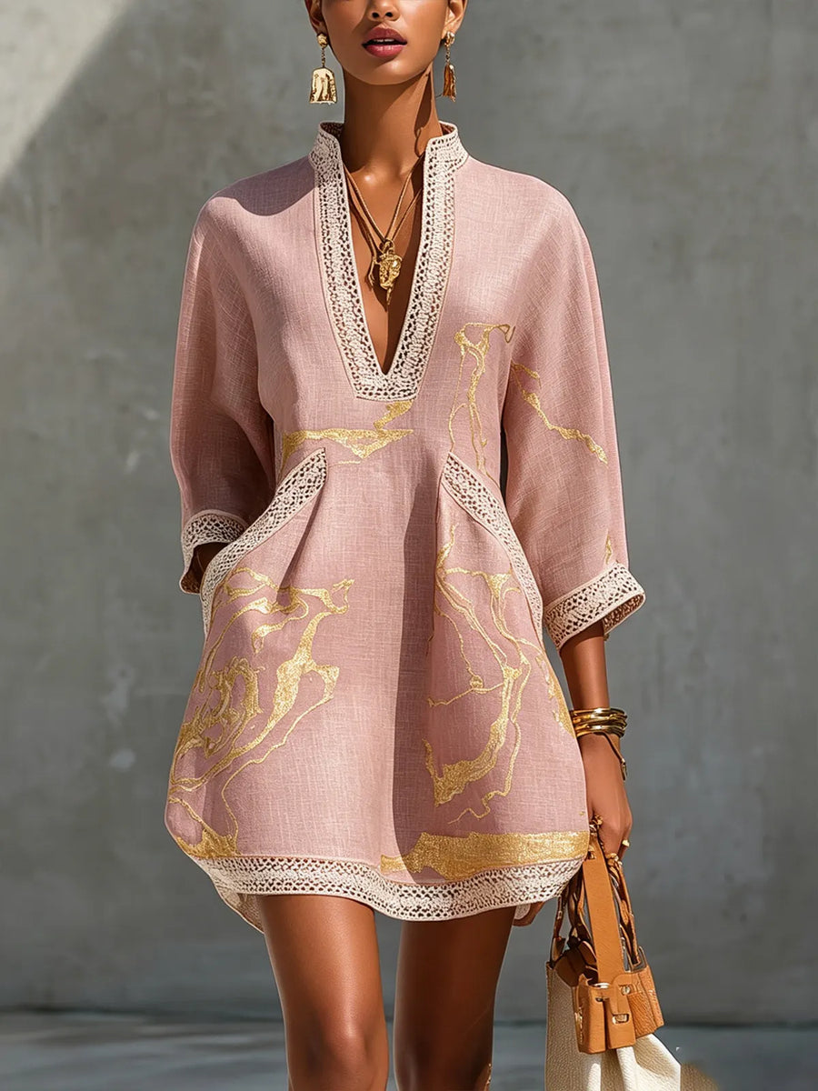 Women's Cocktail Dress | V-Neck Mini Linen Crochet Lace