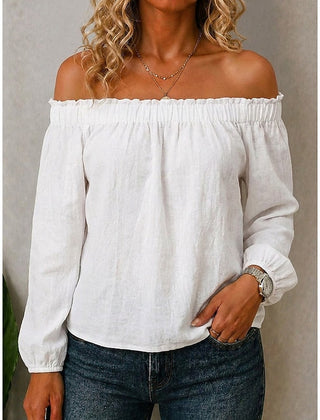 Women's Off The Shoulder Top | Ruffle Neckline Long Sleeve