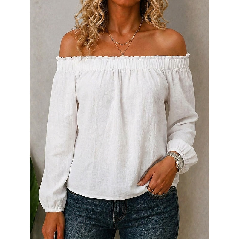 Women's Off The Shoulder Top | Ruffle Neckline Long Sleeve