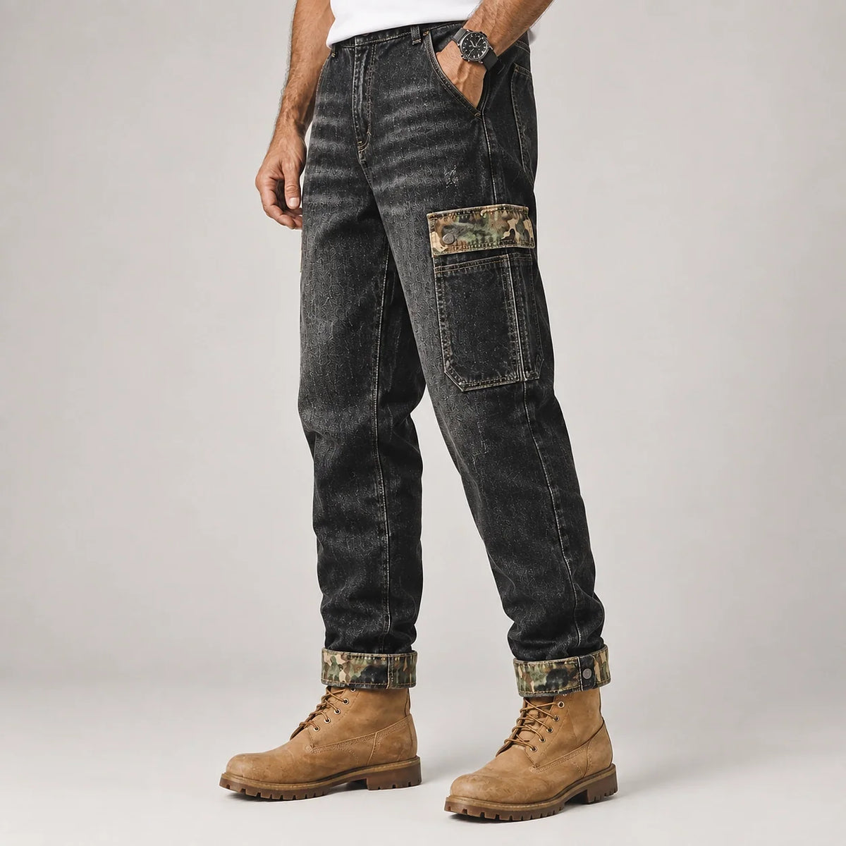 Breckon Cotton Cargo Jeans — Black (apparel detail)