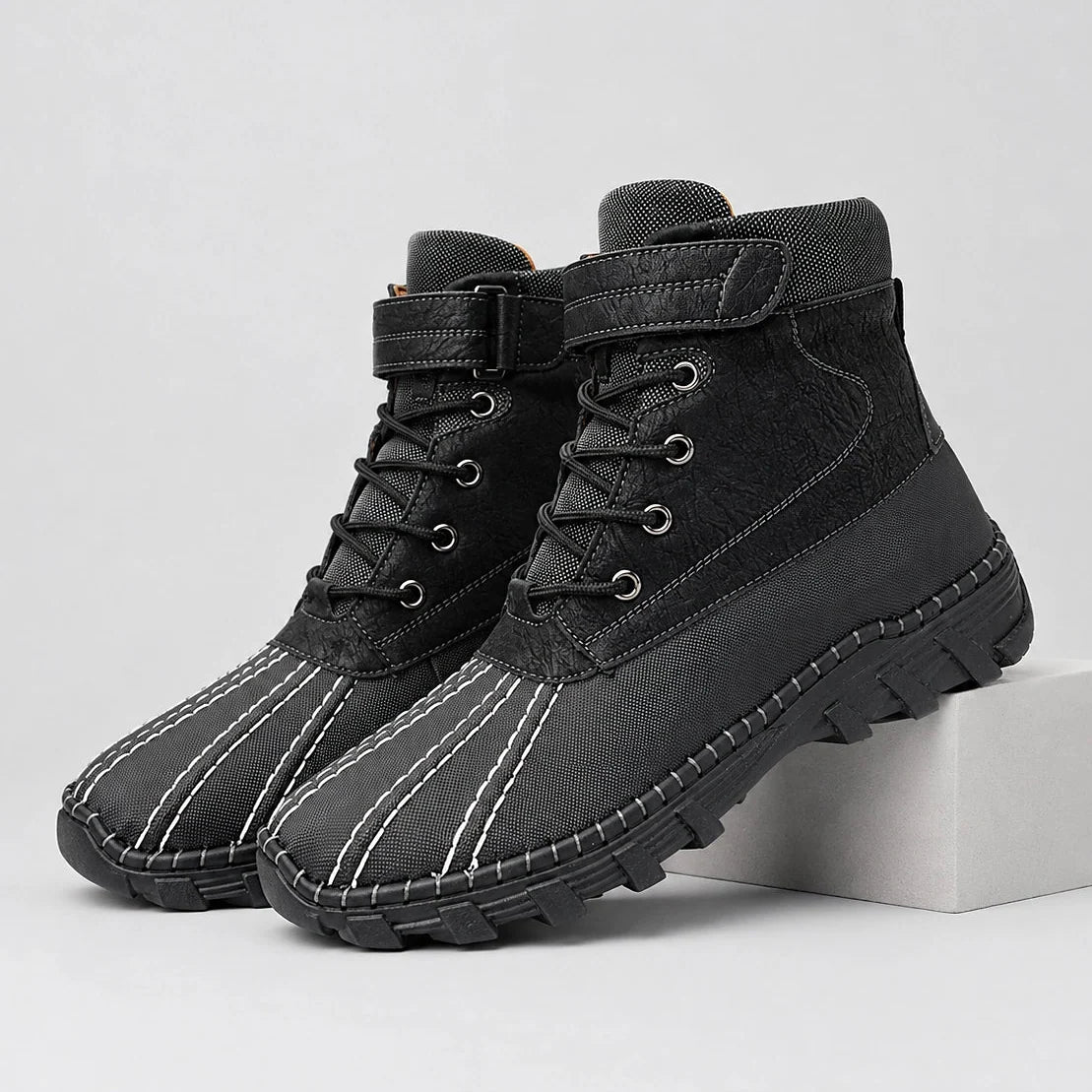 Broden Leather Duck Boots — Black (mens shoe pedestal)