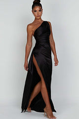 Women's Christmas Party Dress | One-Shoulder Maxi Satin High Slit