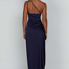 Women's Christmas Party Dress | One-Shoulder Maxi Satin High Slit