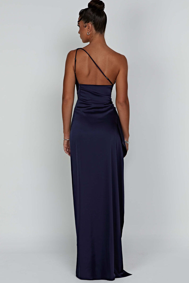 Women's Christmas Party Dress | One-Shoulder Maxi Satin High Slit