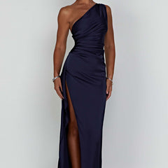 Women's Christmas Party Dress | One-Shoulder Maxi Satin High Slit