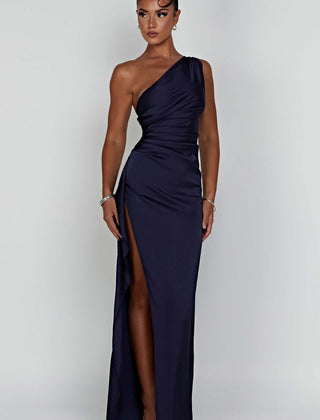 Women's Christmas Party Dress | One-Shoulder Maxi Satin High Slit