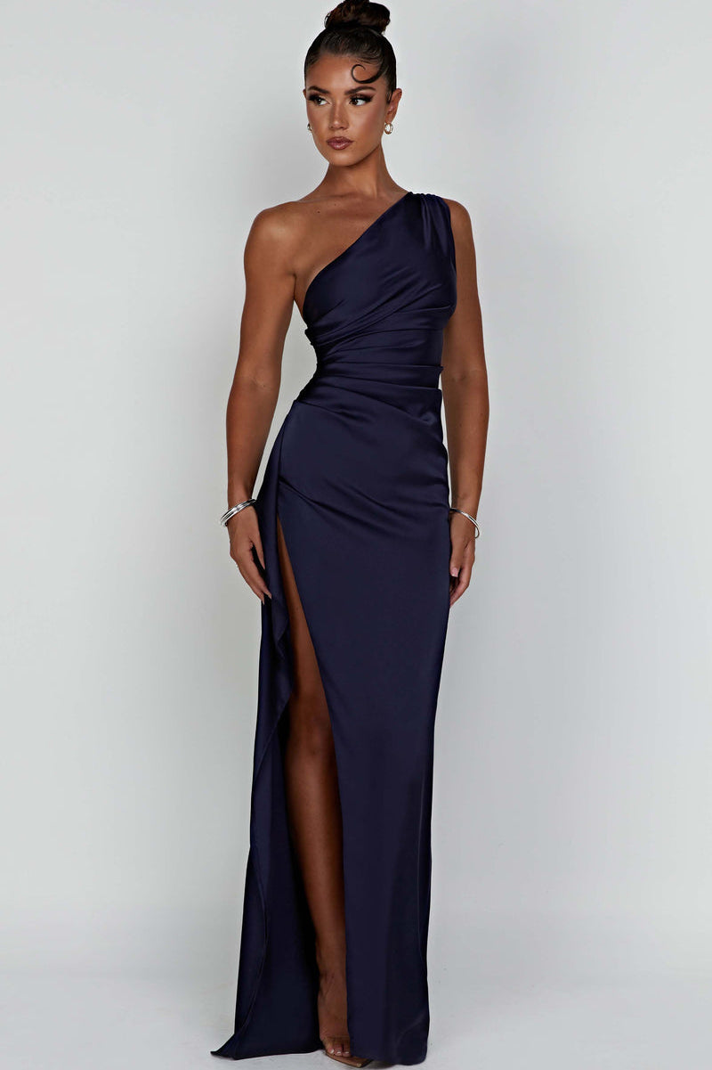 Women's Christmas Party Dress | One-Shoulder Maxi Satin High Slit