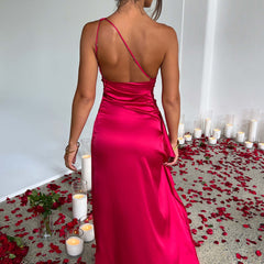 Women's Christmas Party Dress | One-Shoulder Maxi Satin High Slit