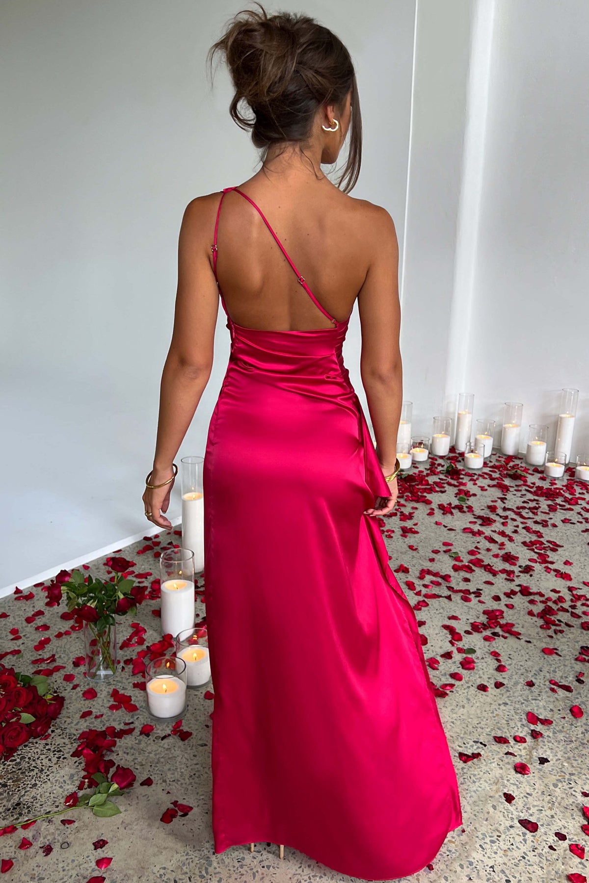 Women's Christmas Party Dress | One-Shoulder Maxi Satin High Slit